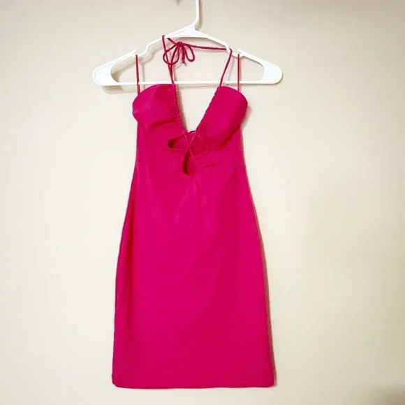 Zara Hot Pink Halter Neck Cut out tie Mini Dress stretch bodycon - Picture 3 of 6